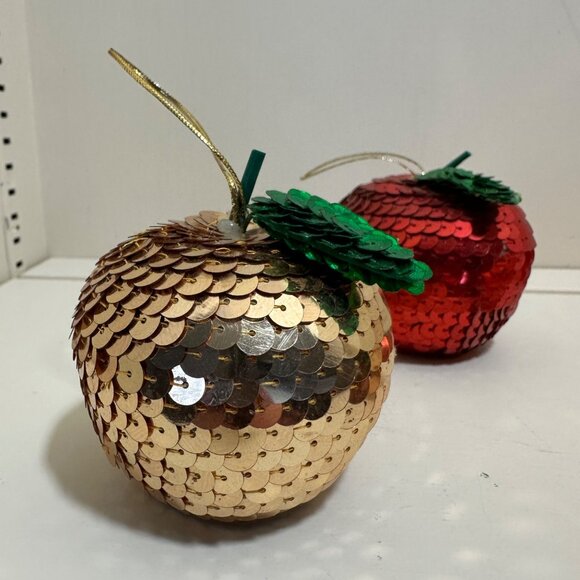 Handmade Vintage Sequin Apple Christmas Ornaments Set Of 5 Gold & Red - Picture 12 of 16